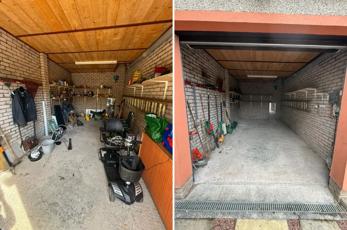 Before and after: a cluttered garage cleared and swept out