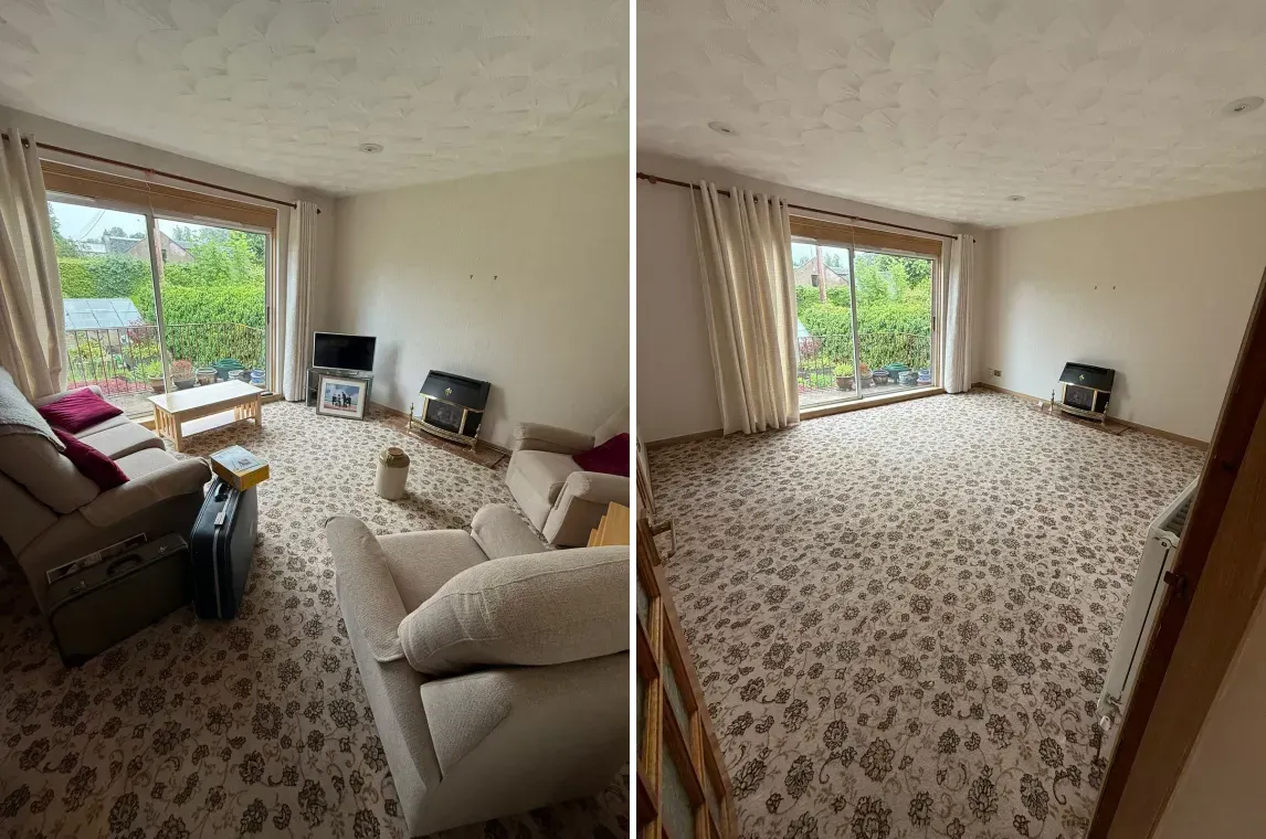 Before and after: a furnished living room cleared and emptied