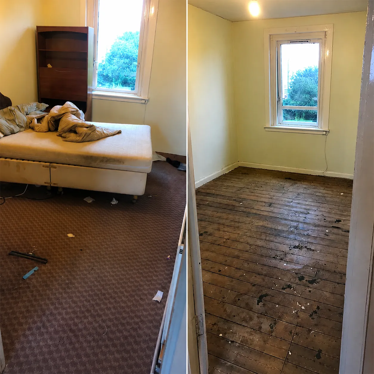 Before and after: a cluttered bedroom cleared to bare floorboards