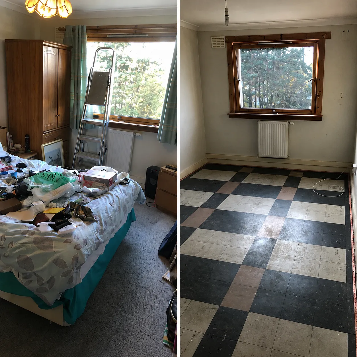Before and after: a cluttered bedroom cleared and tidied