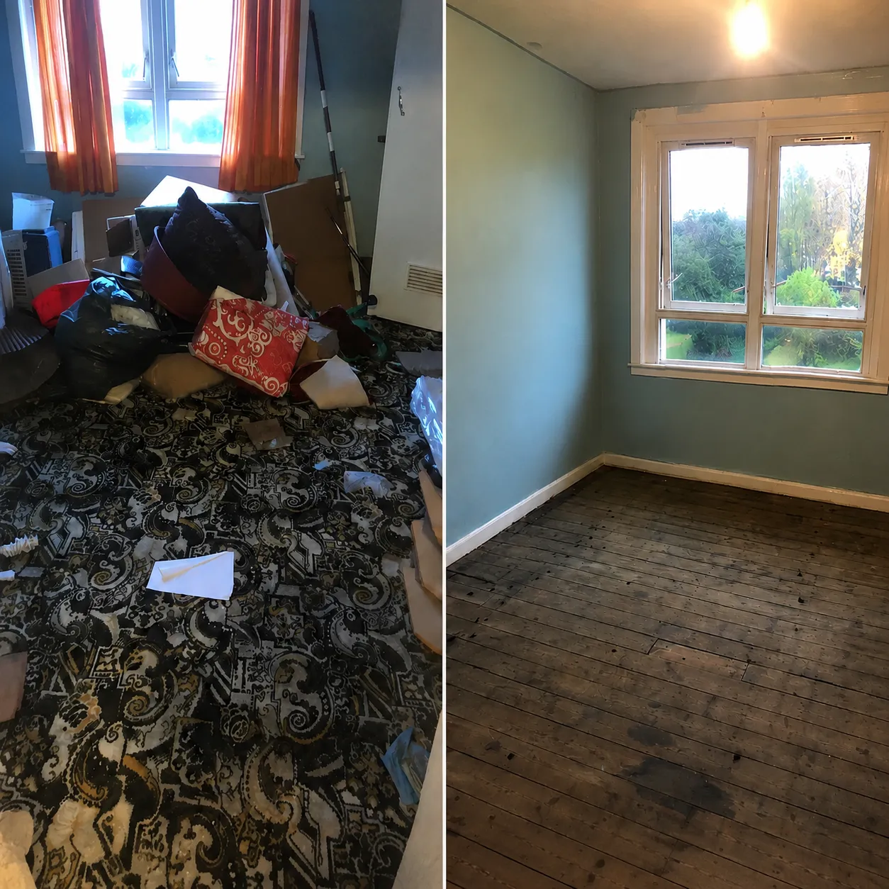 Before and after: a heavily cluttered bedroom cleared to floorboards