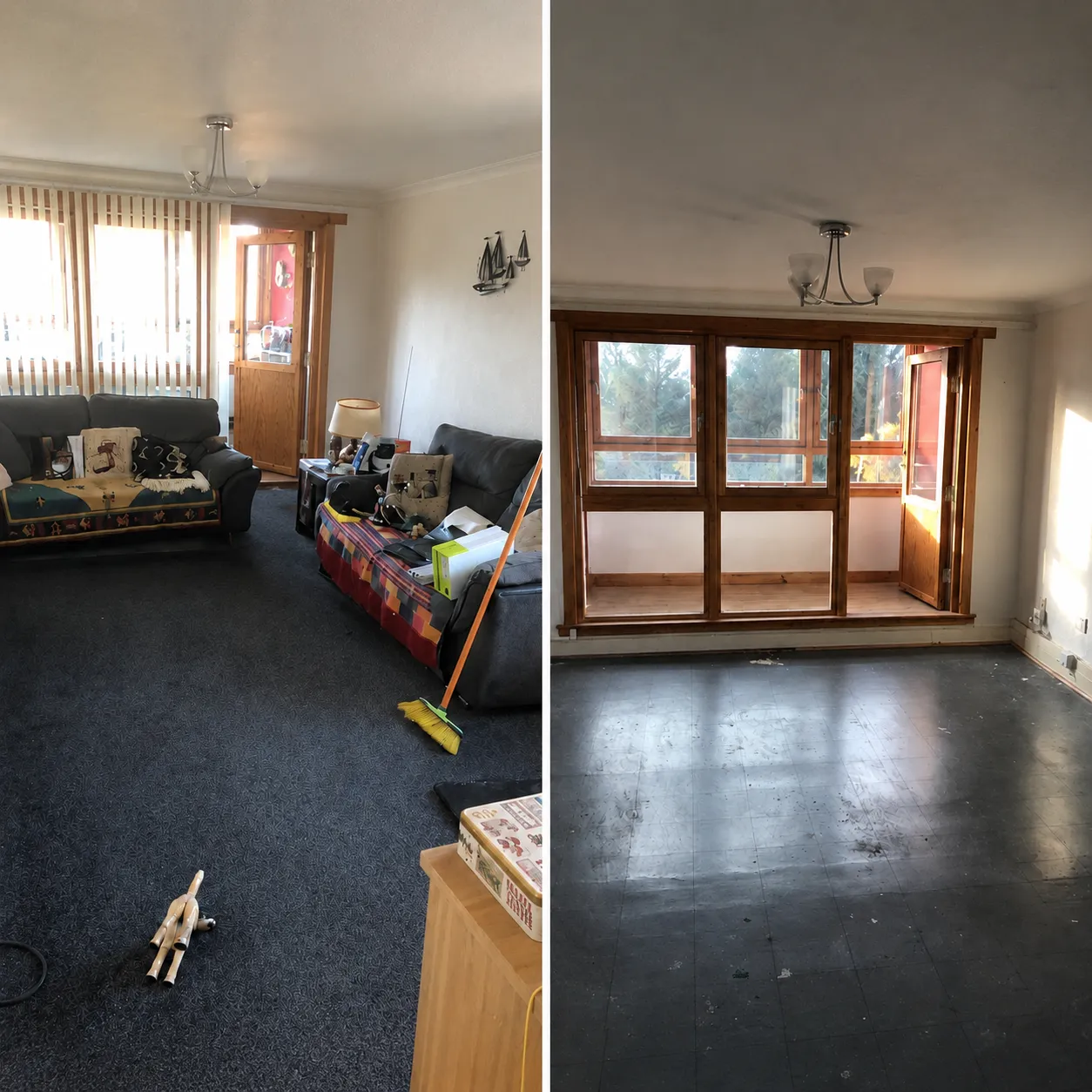 Before and after: a furnished living room emptied and cleared